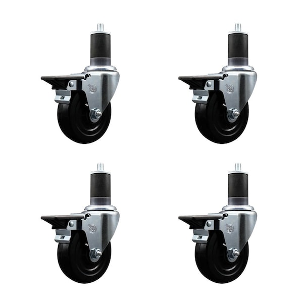 4'' Hard Rubber Swivel 1-5/8'' Expanding Stem Caster Set with Brake, 4PK